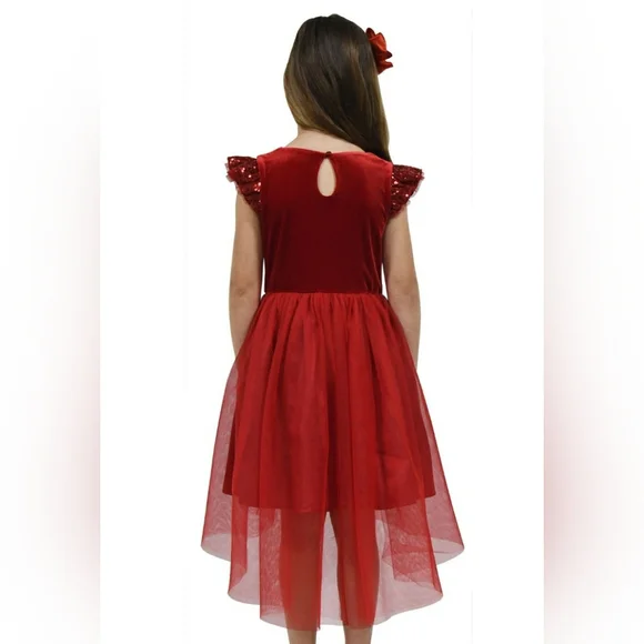 Zunie Red sequin velvet tulle hi-low flower girl flutter sleeve dress gown 10 12